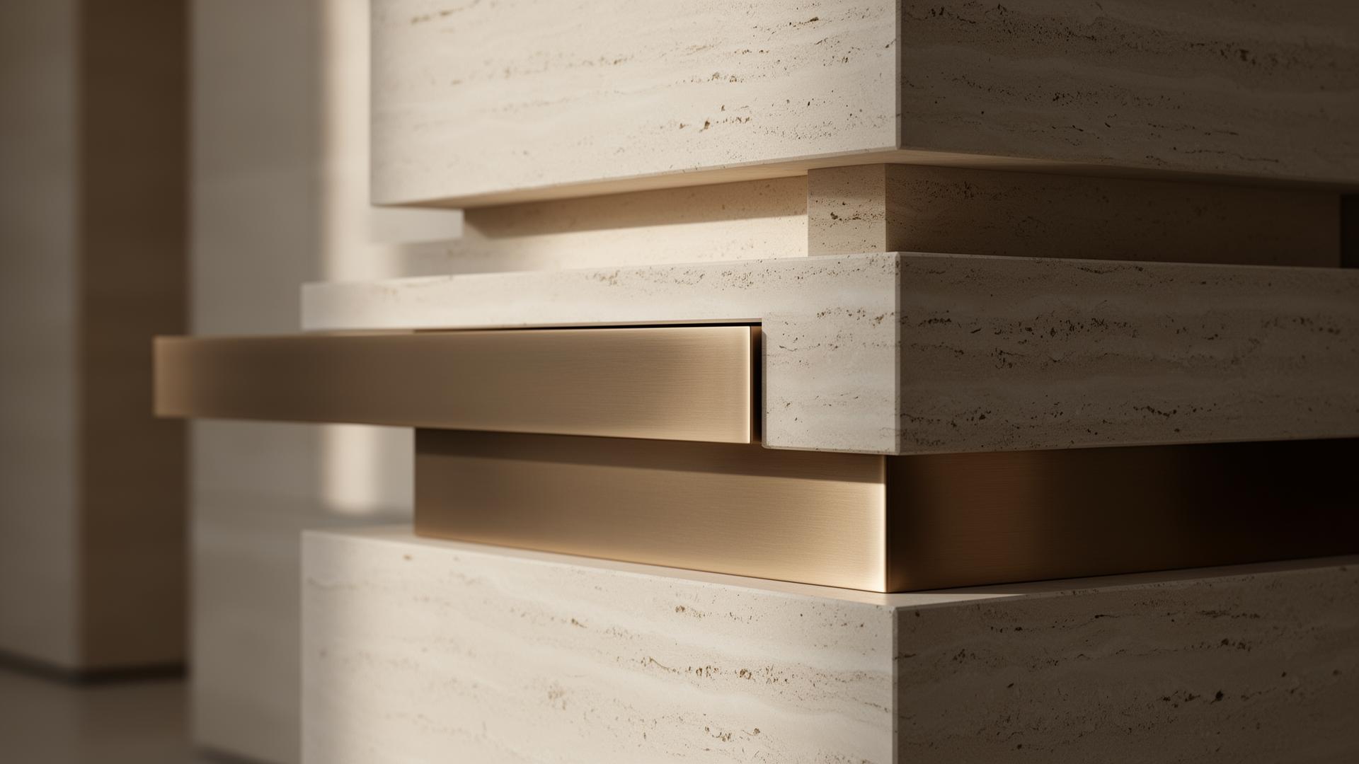 Dettaglio architettonico travertino e bronzo — ecosistema Velvet